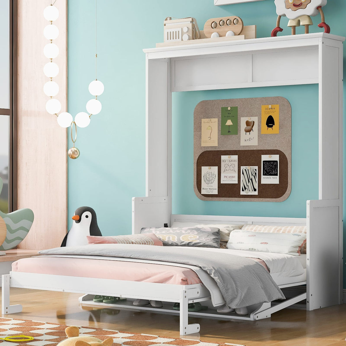 Queen Murphy Bed with Shelf for Bedroom Storage in White