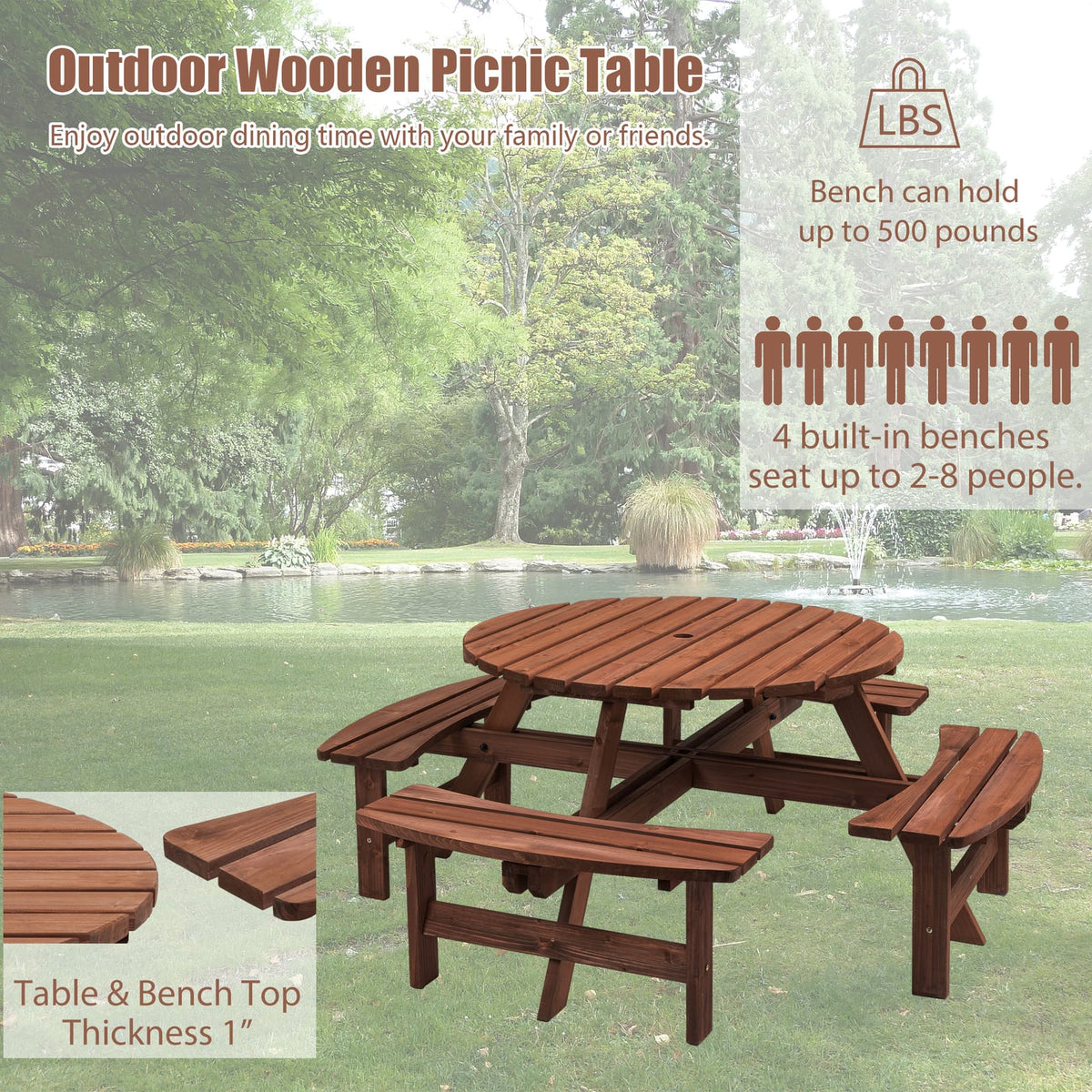 8 Person Wooden Picnic Table - Outdoor Dining Set with Benches