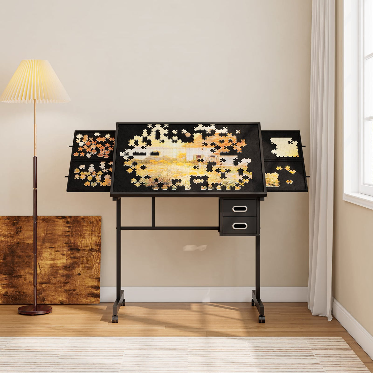 Black Jigsaw Puzzle Table with Storage Drawers