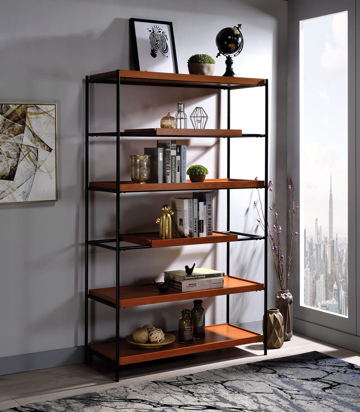 Oaken Honey Oak Bookshelf - Black Metal Display Shelf