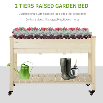 Outdoor Wooden Raised Garden Bed with Wheels & Shelf