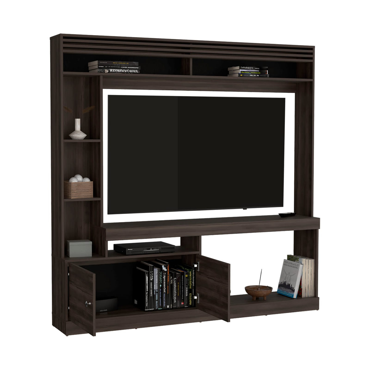71" Dark Walnut TV Stand with 8 Shelves & Bookcases for Living Room