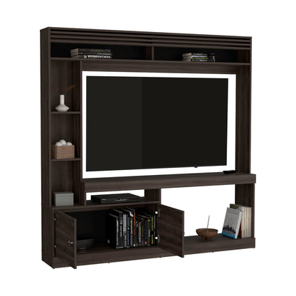 71" Dark Walnut TV Stand with 8 Shelves & Bookcases for Living Room