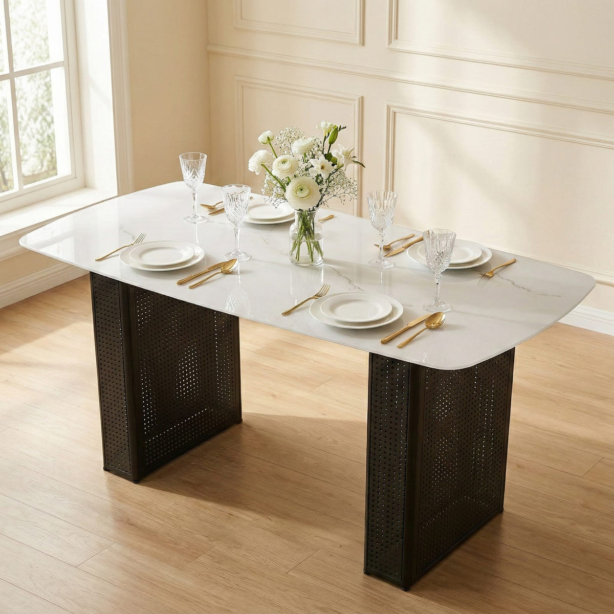 Black Tempered Glass Dining Table with Marble Pattern, Black Metal Legs