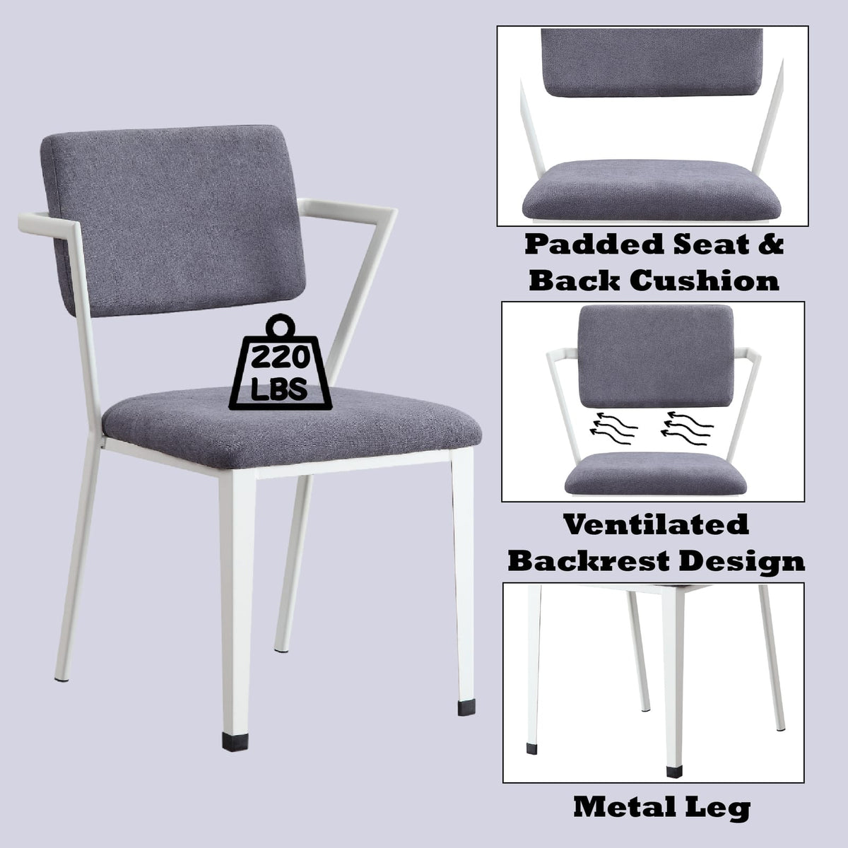 Industrial Gray White Fabric Office Chair with Metal Frame for Home Office