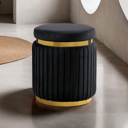 Black Contemporary Round Accent Stool - Stainless Steel & Velvet