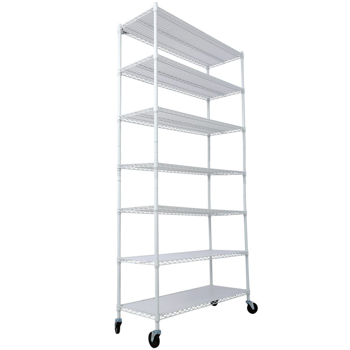 7 Tier Metal Shelf Wire Shelving Unit - Adjustable Storage Rack with Wheels, White