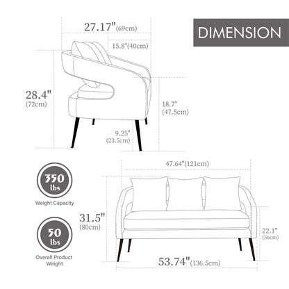 Beige Velvet Loveseat - Modern Open Back Sofa with Metal Legs for Living Room