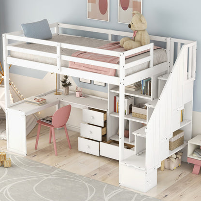 White Pine Twin Loft Bed with Storage Staircase and L-Shaped Desk for Bedroom