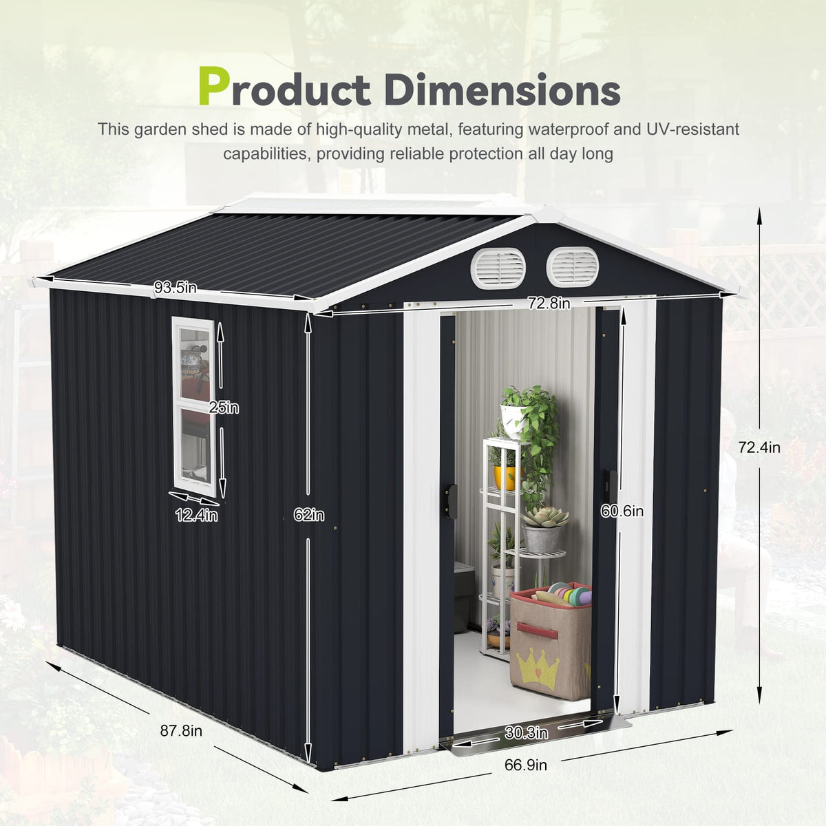 8x6 FT Dark Gray Metal Shed - Outdoor Storage with Lockable Doors
