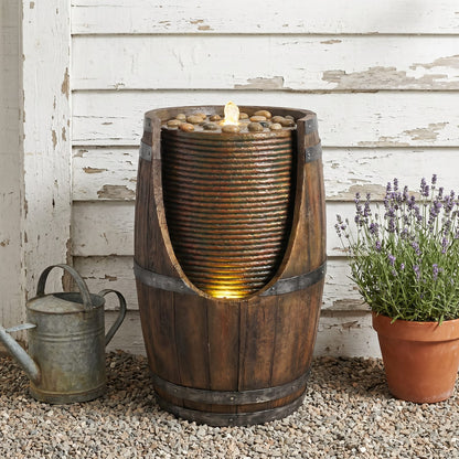 Brown Gray Resin Barrel Water Fountain with Lights