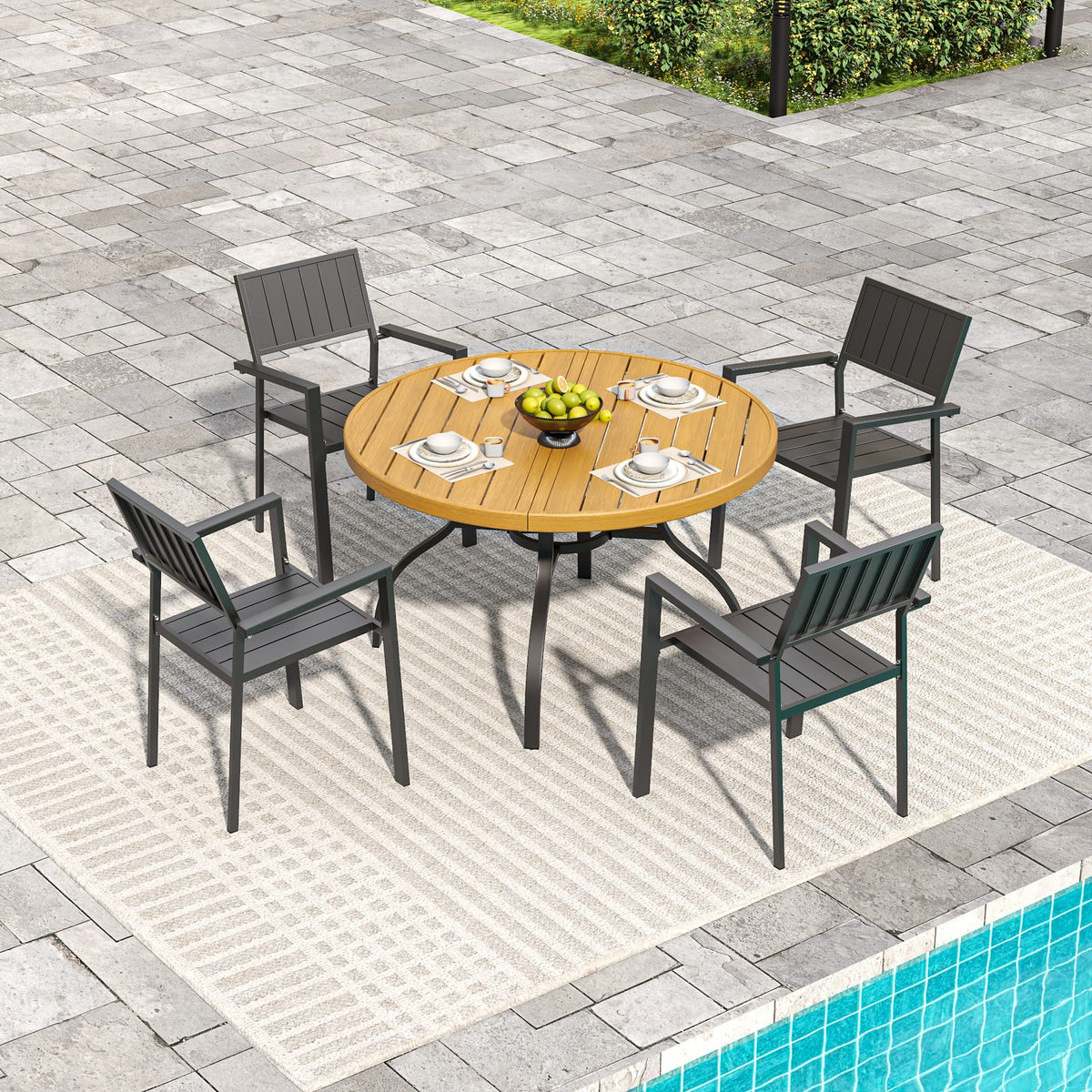 Black & Natural 5 Piece Patio Dining Set - Round Table with Umbrella Hole