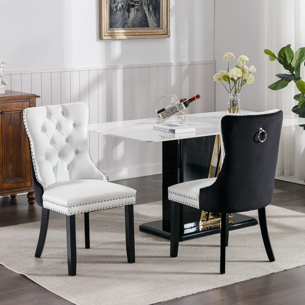 A&A Furniture Nikki Collection Dining Chairs - White+Black PU Leather Set of 2