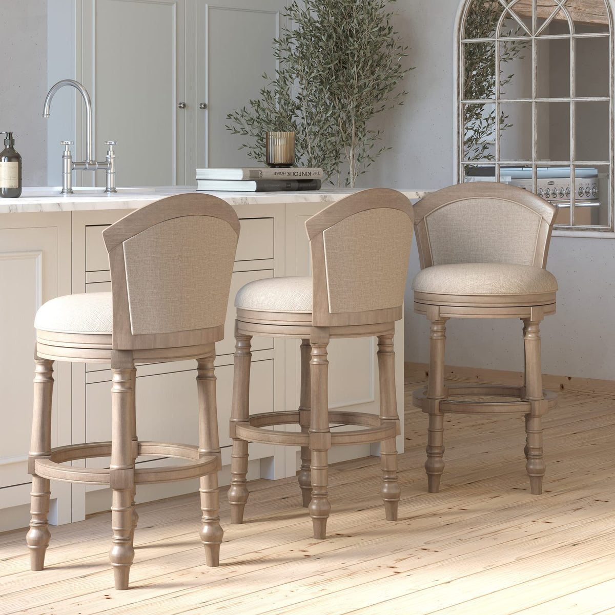 31" Wood Barrel-Back Bar Stool - Gray & Beige, Swivel Seat