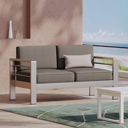 Khaki Aluminum Patio Loveseat for Garden and Poolside Seating