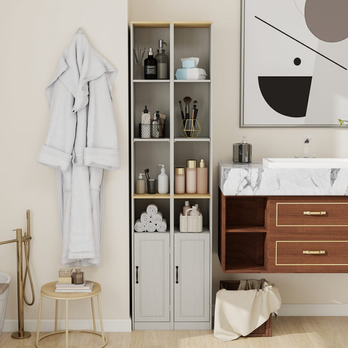 Tall Slim Storage Cabinet in Ancient White MDF for Living Room or Study