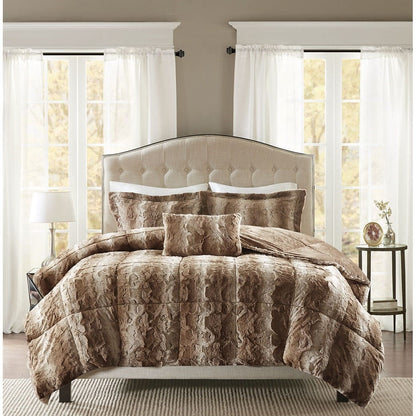 King Size Brown Polyester Faux Fur Comforter Set