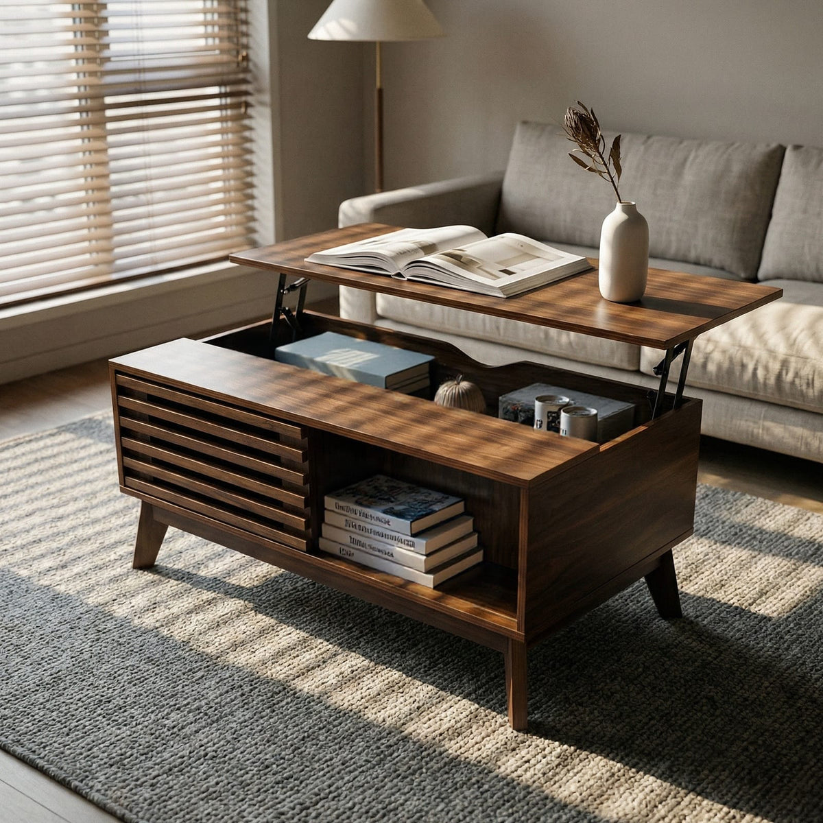Walnut Lift Top Coffee Table - Storage & Workspace