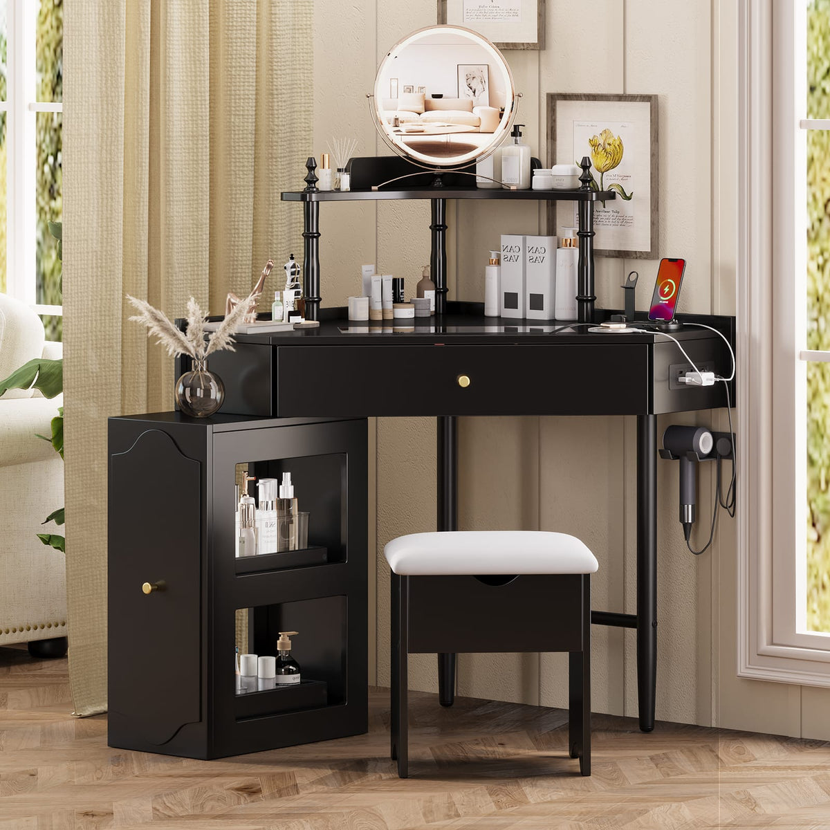 Black Corner Vanity Desk Set - Storage & Charging Station