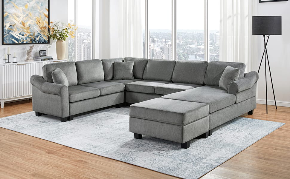 Dark Gray Chenille 6 Seat Sectional Sofa with Storage Ottoman