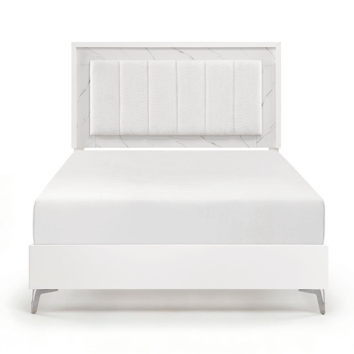 Queen White Wood Bed Frame with Chenille Headboard