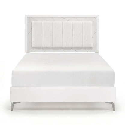 Queen White Wood Bed Frame with Chenille Headboard