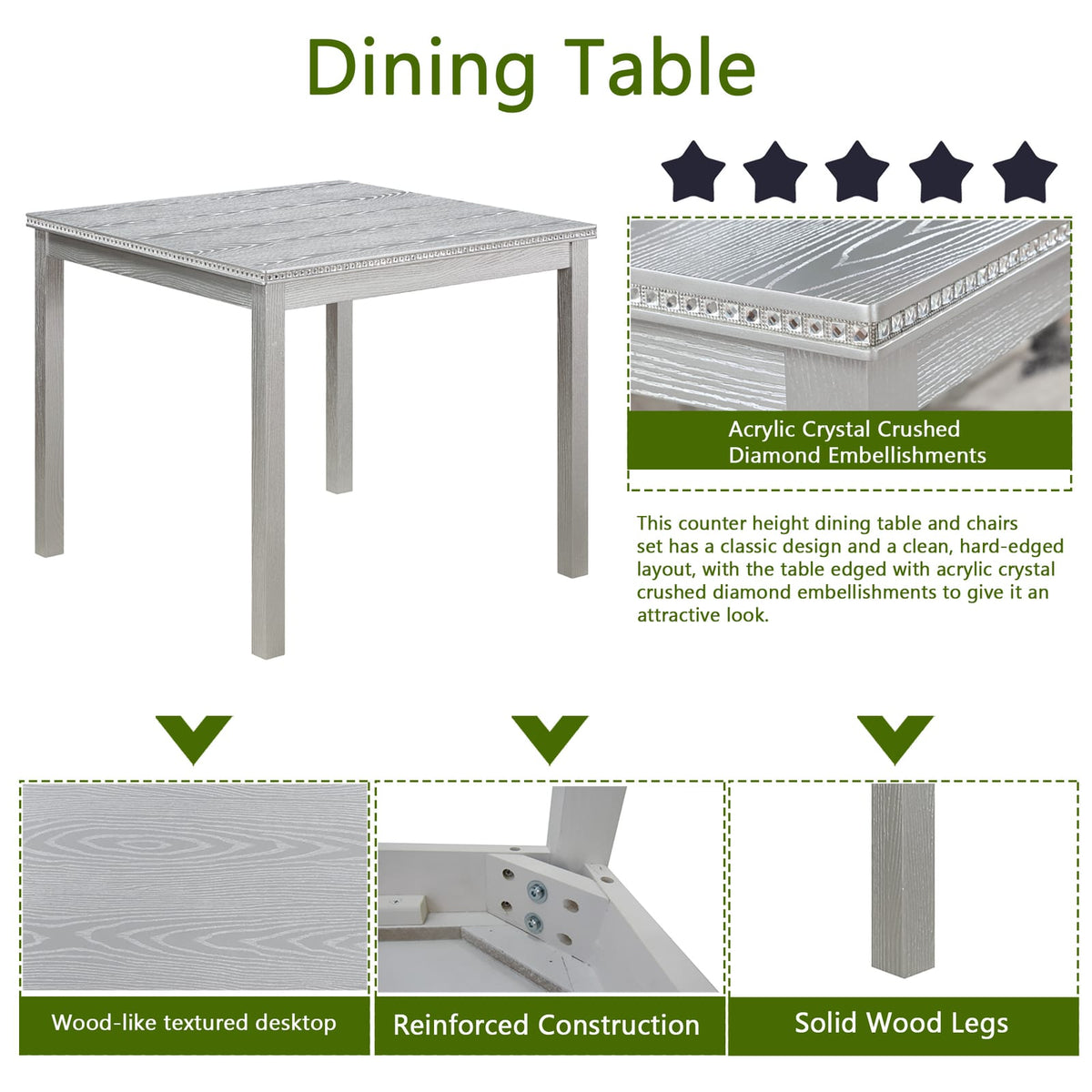 Silver Grey Square Dining Table Set - 4 Chairs