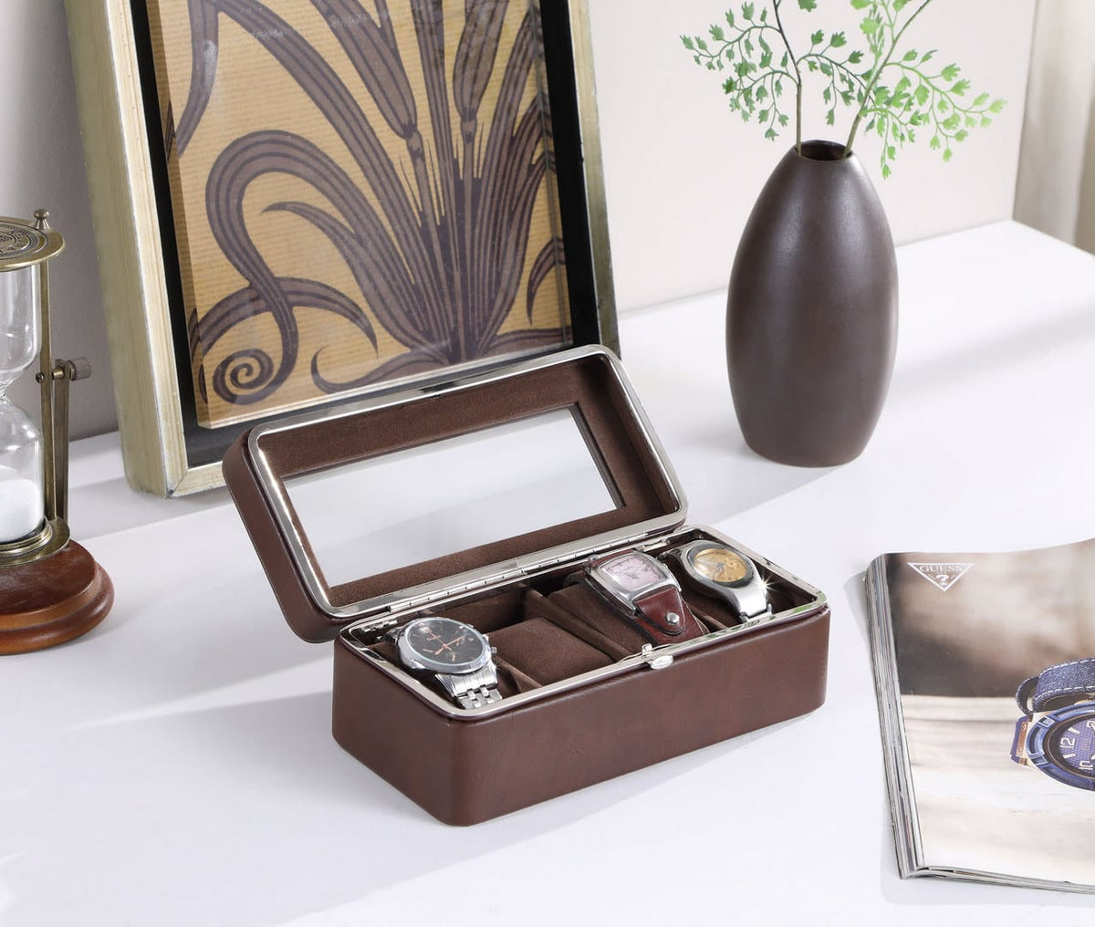 Brown Glass Watch Display Case - 4 Slots