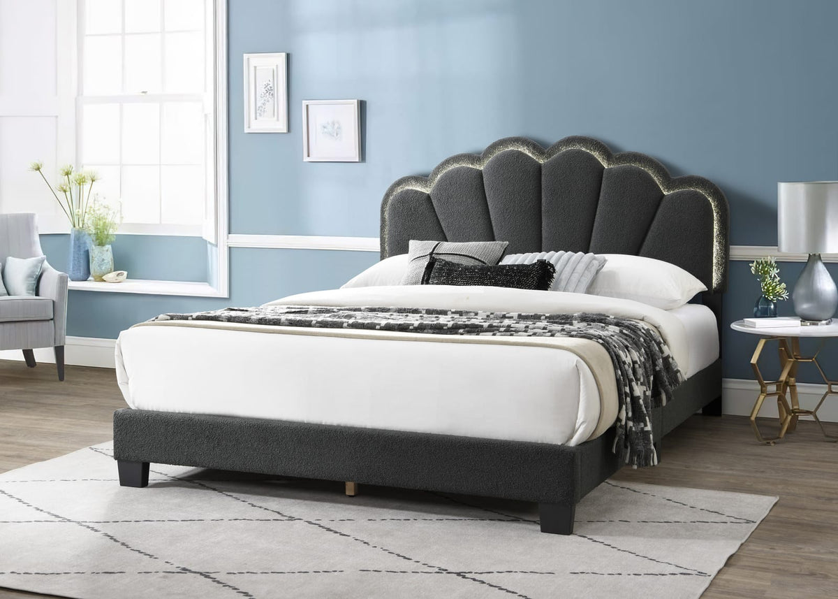 Queen Size Bed Frame - Charcoal Wool Floral Headboard Box Spring Not Required