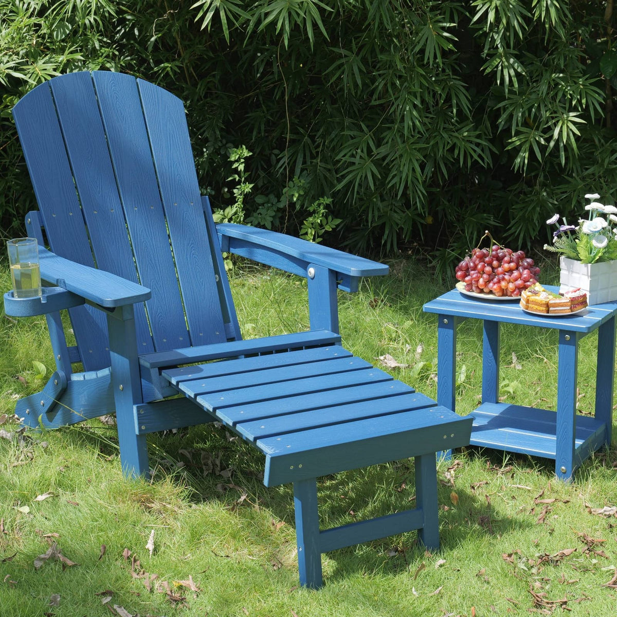 Dark Blue HIPS Outdoor Lounge Chair with Ottoman for Patio Seating