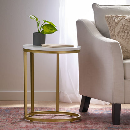 Gold White C-Shaped End Table with Iron Frame for Living Room