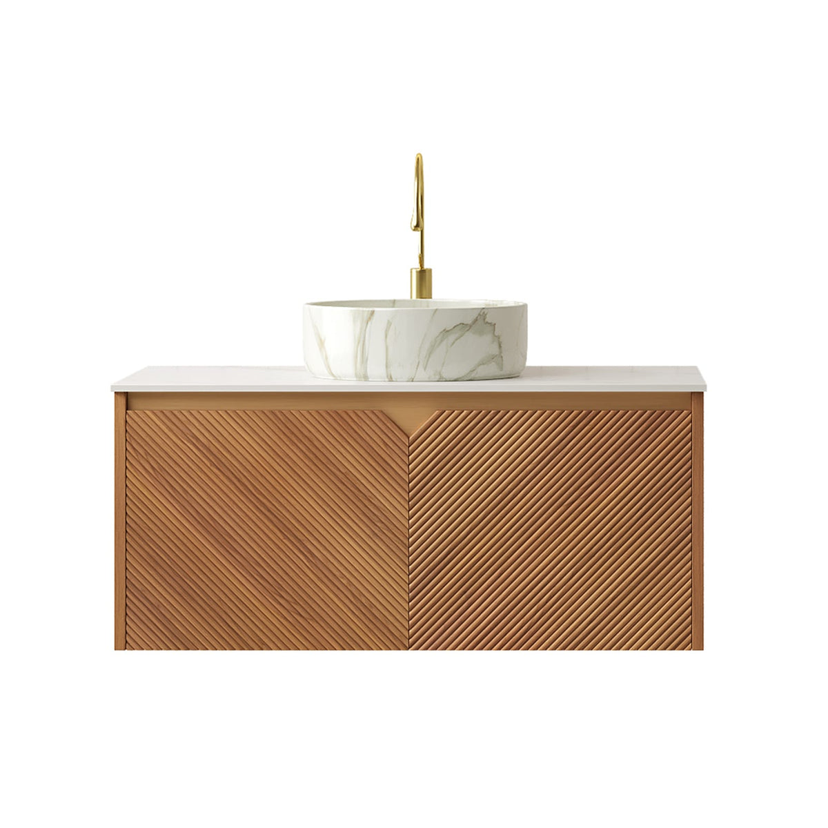 36" Brown Oak Bathroom Vanity with White Ceramic Sink