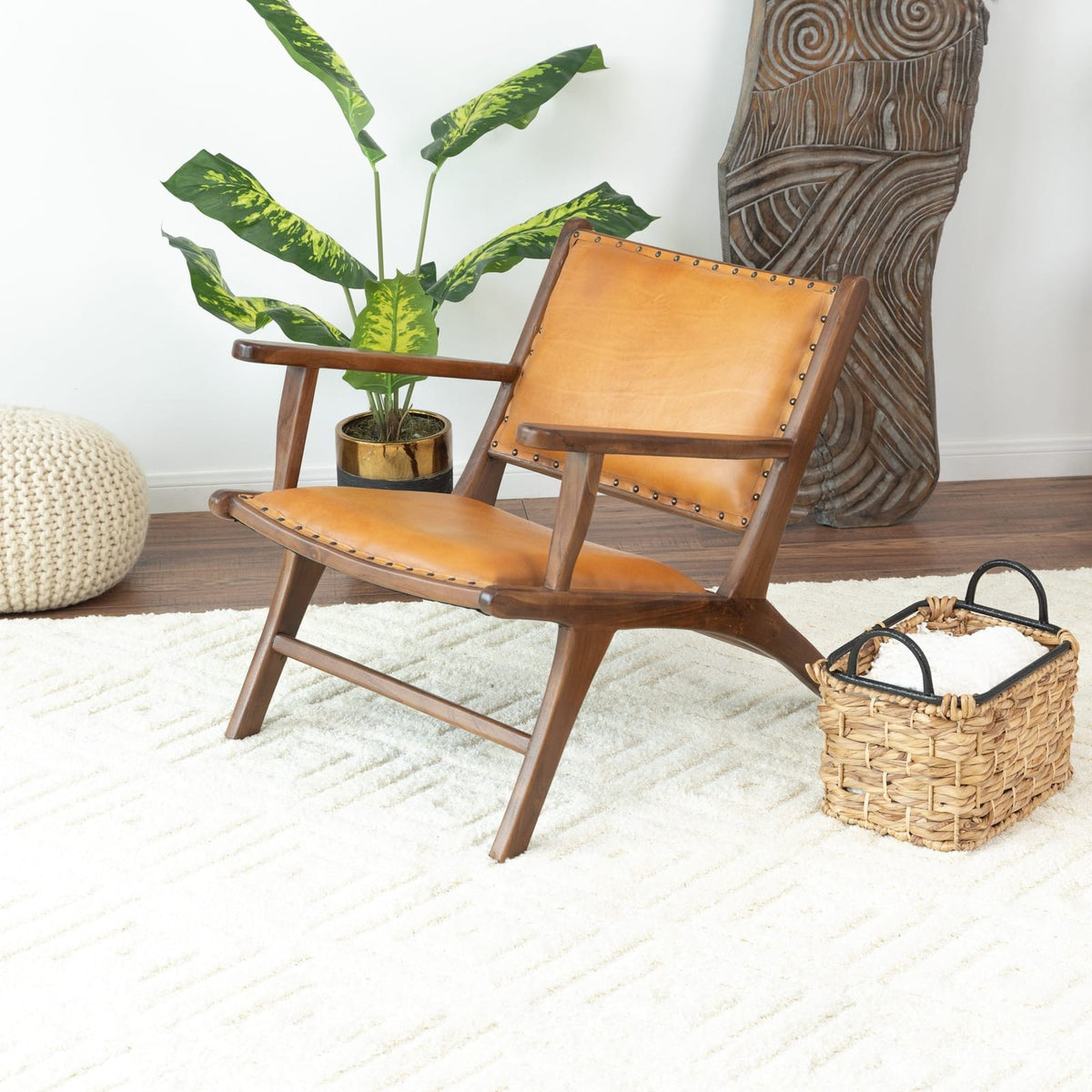 Tan Leather Mid-Century Arm Chair - 28"W x 26"D x 25"H