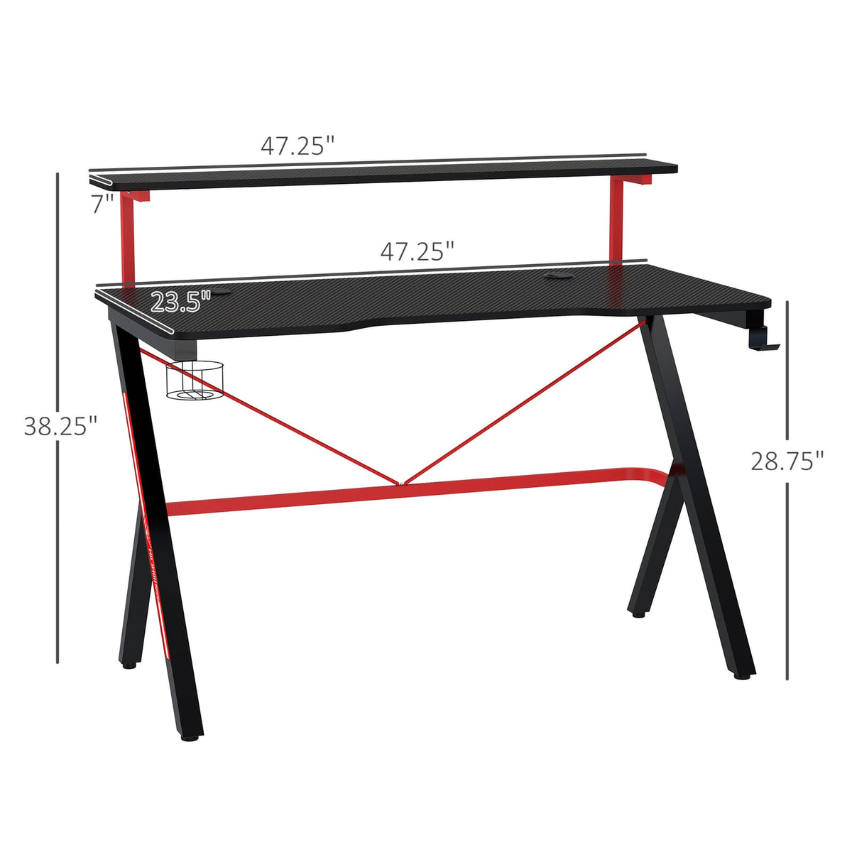 HOMCOM 47 Inch Gaming Desk - Black Home Office Workstation