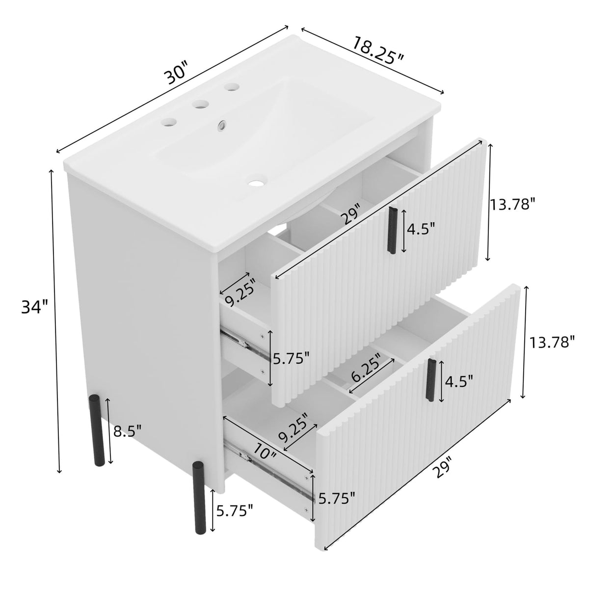 White Bathroom Vanity with Ceramic Sink - 30" Storage