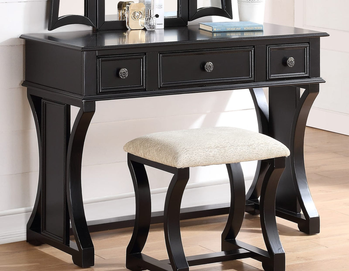Modern Black Vanity Set with Drawers & Mirror - Bedroom Storage