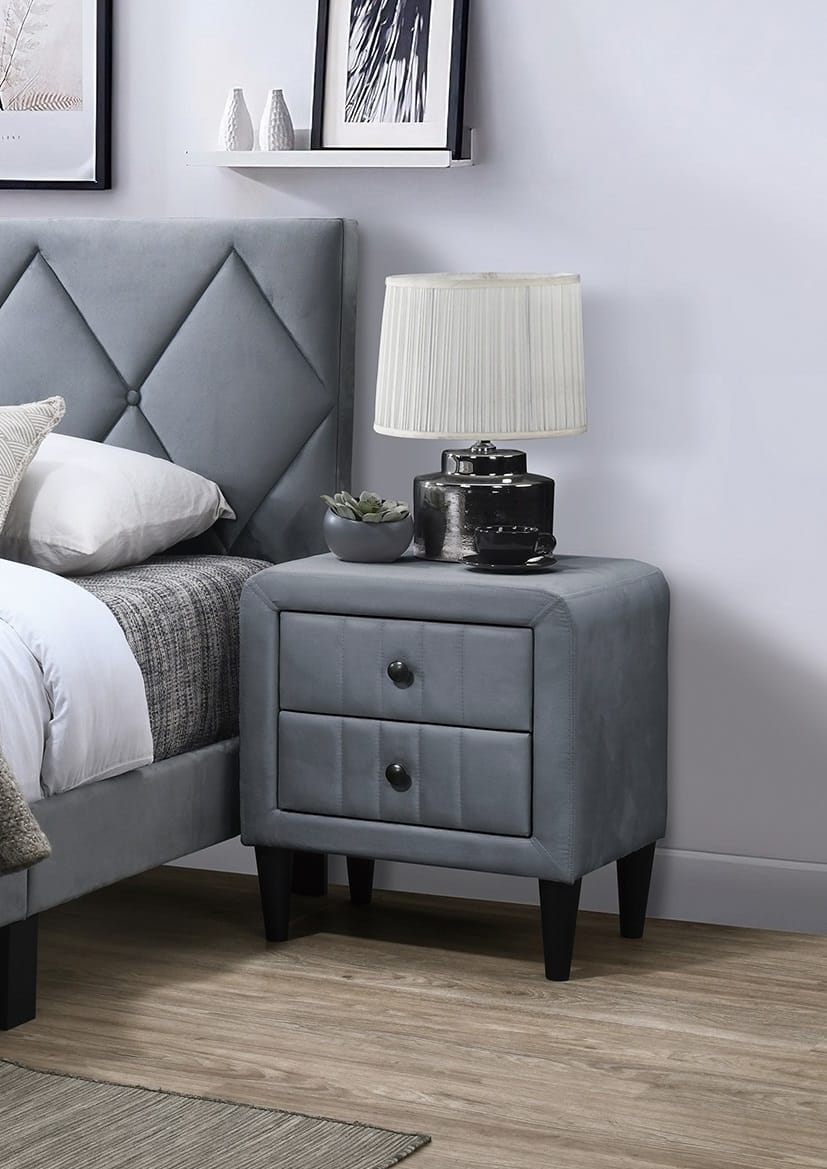 Grey Velvet 2 Drawer Bedside Cabinet Nightstand