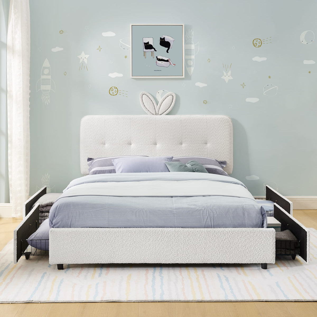 Full Size Kids Bed with Storage - Beige Boucle Fabric