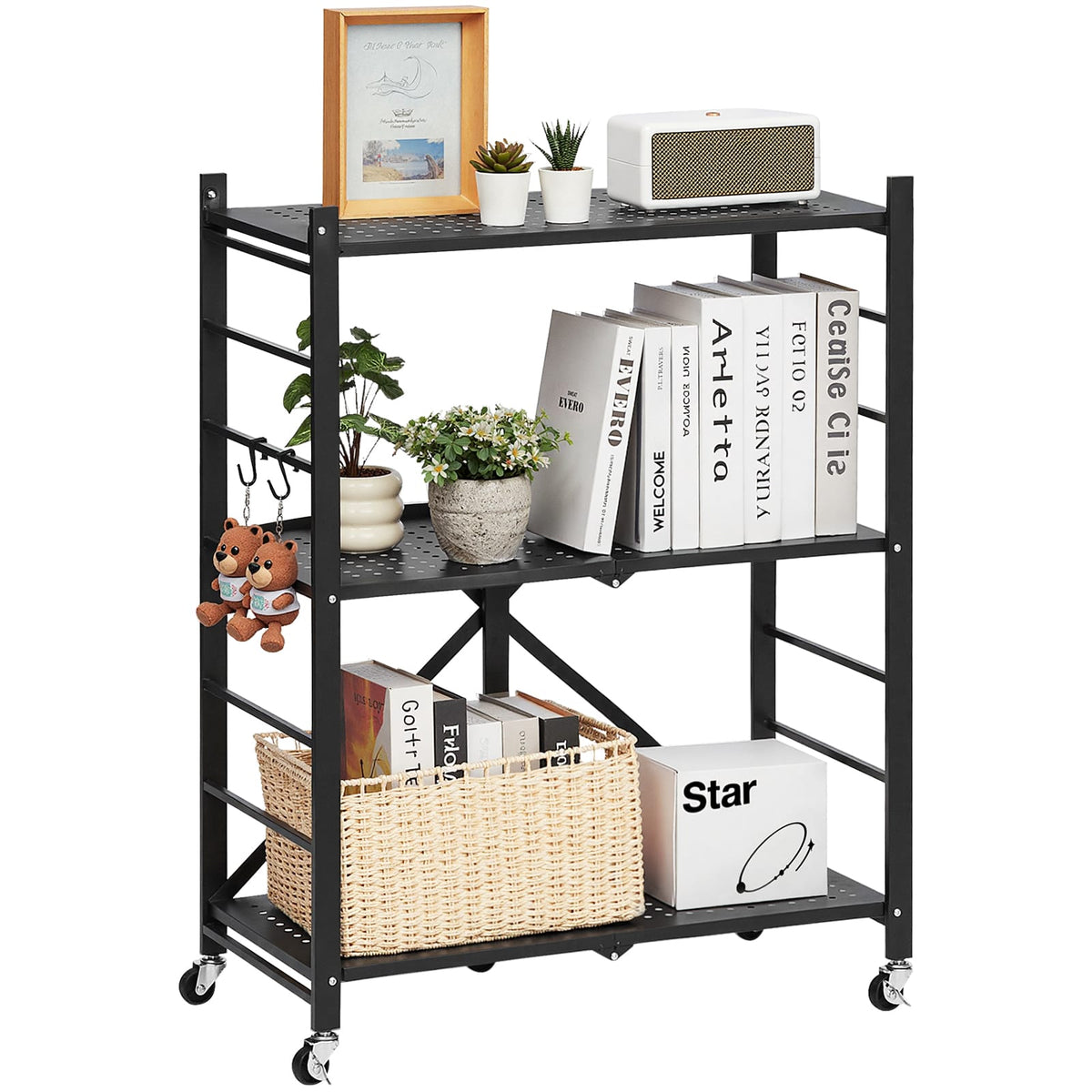 36 Inch Black Steel Folding Shelf with Wheels - 3 Tier Storage for Living Room