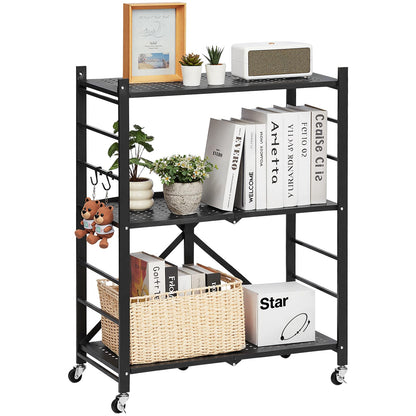 36 Inch Black Steel Folding Shelf with Wheels - 3 Tier Storage for Living Room