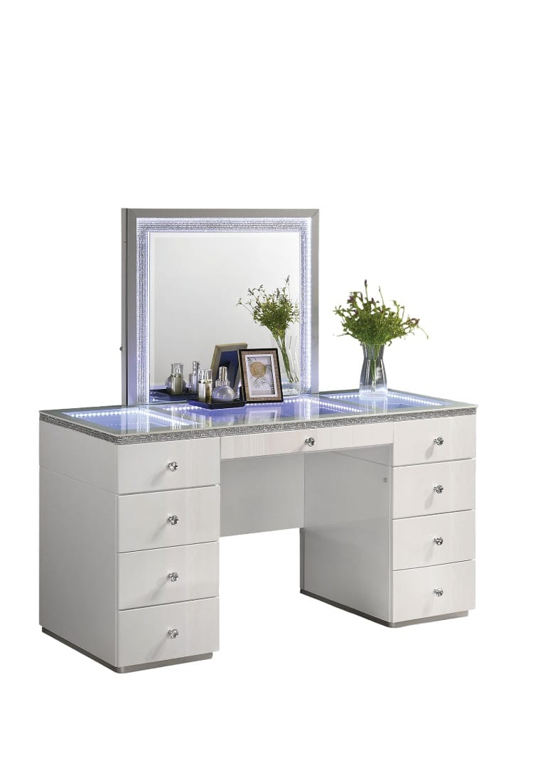 Contemporary White Vanity with 5 Drawers - Storage & Mirror