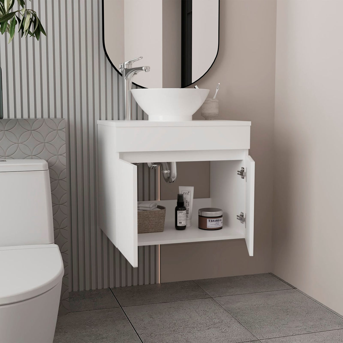 White Vessel Sink Vanity - 2 Drawers, MDF Storage