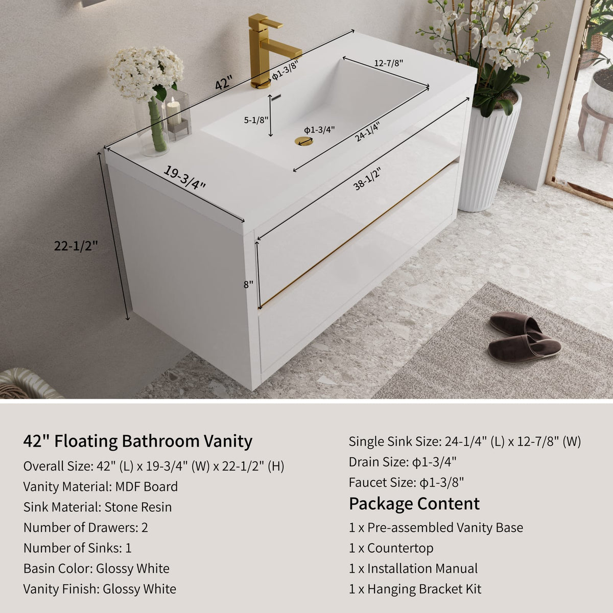 Glossy White Bathroom Vanity with Sink - 42" Wall Mounted Storage