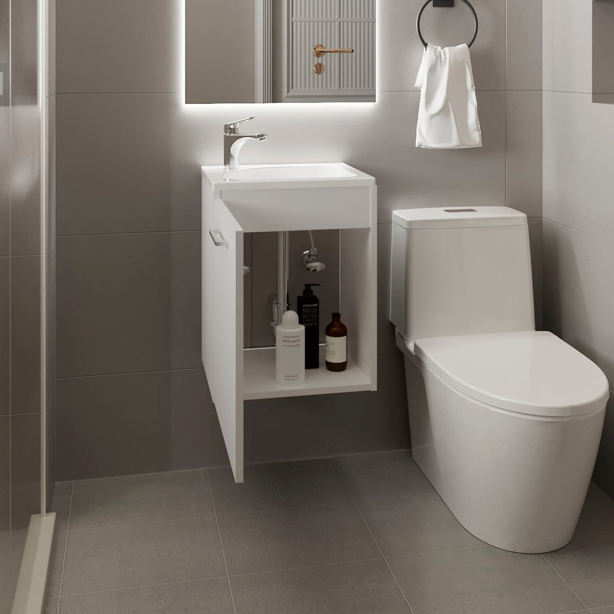 White MDF Bathroom Vanity - 15.7" Floating Storage