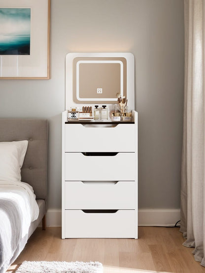 Modern White MDF+Glass Vanity Desk with Mirror and Storage for Bedroom