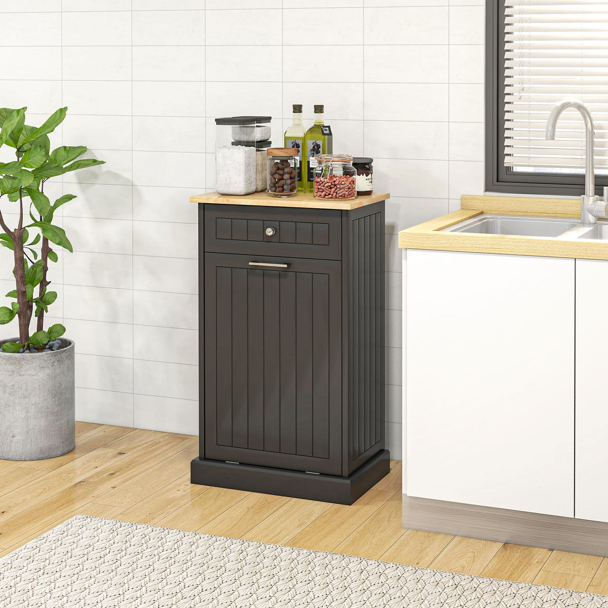 HOMCOM Kitchen Trash Cabinet - Black Storage & Safety