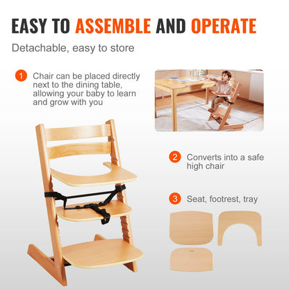 5-Level Wooden High Chair for Babies Toddlers Adjustable Dining Booster Seat