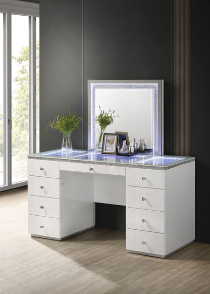 Contemporary White Vanity with 5 Drawers - Storage & Mirror