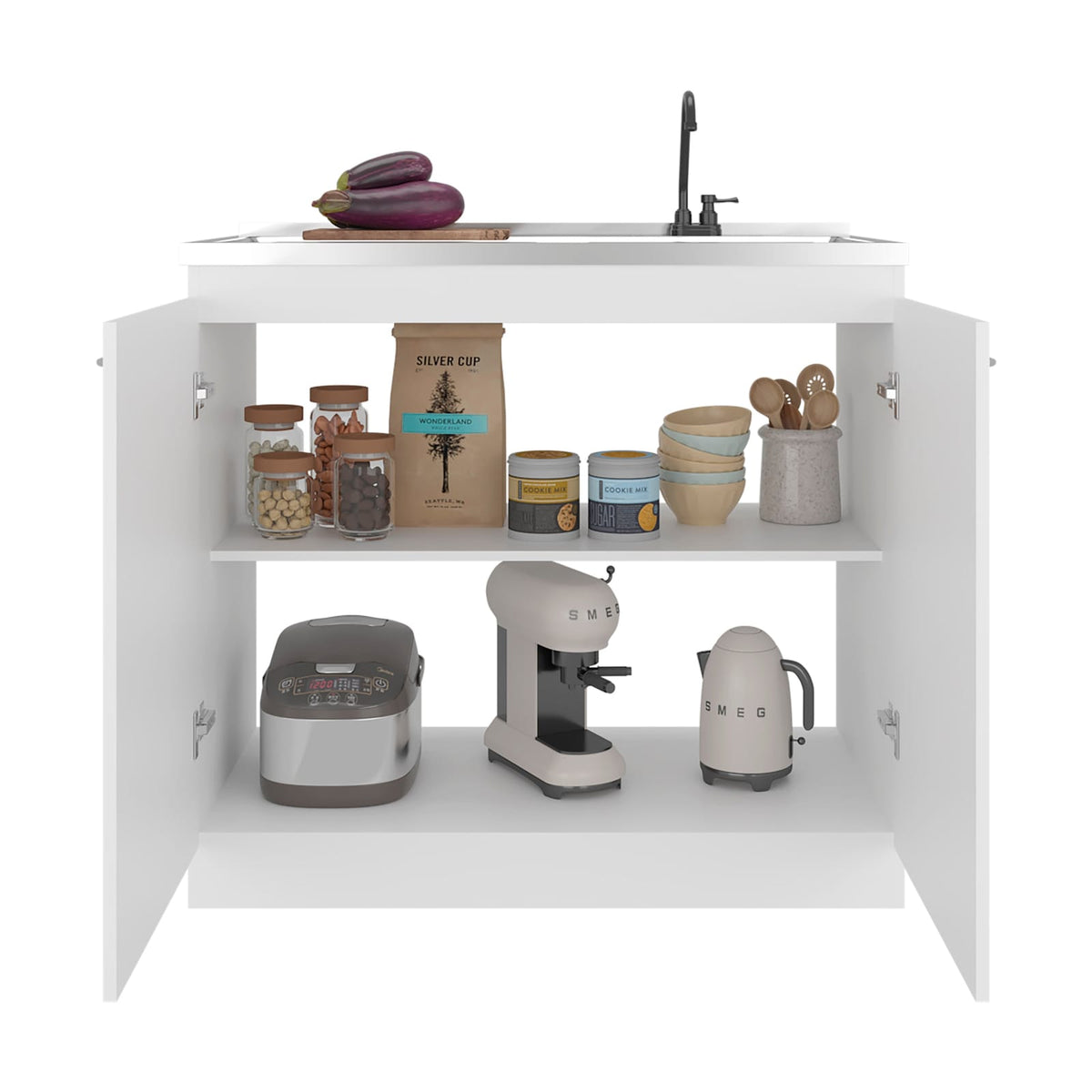 White Kitchen Storage Cabinet - 2 Doors, 3 Shelves