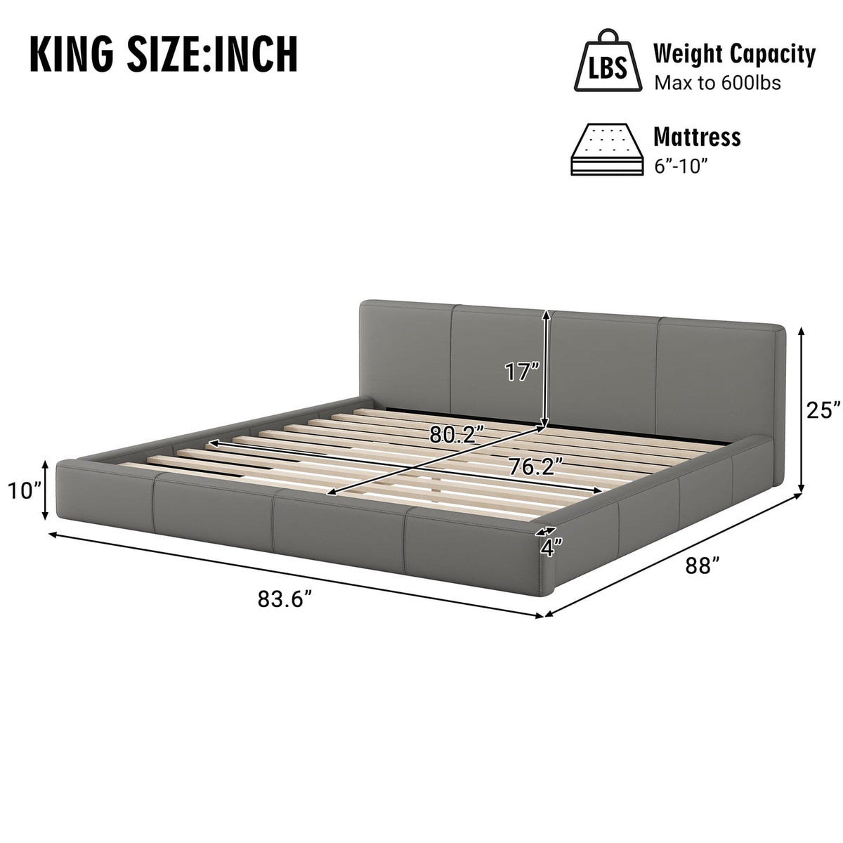 Stylish Gray Upholstered King Bed - Box Spring Not Required